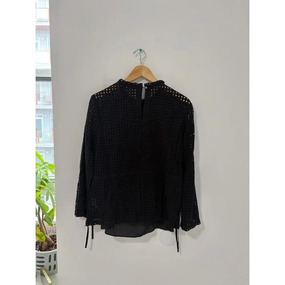 J. Crew Point Sur Black Eyelet Overlay Cutout Long Sleeve Blouse Size 12
